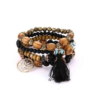 *RHIANNON* Black x Wood Beaded Boho Bracelet Set